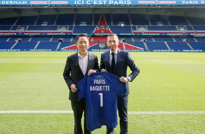 At Parc des Princes located in Paris, CEO Jinsoo Hur of the Paris. Baguette HQ and Chief Revenue Officer Marc Armstrong of Paris Saint-Germain pose for a photo after signing the official sponsorship agreement. At Parc des Princes located in Paris, CEO Jinsoo Hur of the Paris. Baguette HQ and Chief Revenue Officer Marc Armstrong of Paris Saint-Germain pose for a photo after signing the official sponsorship agreement.